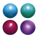 An image showing four rhythmic gymnastics balls in different colors: blue, green, red, and purple.