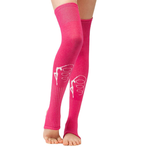 fuschia legwarmers with gymnast print